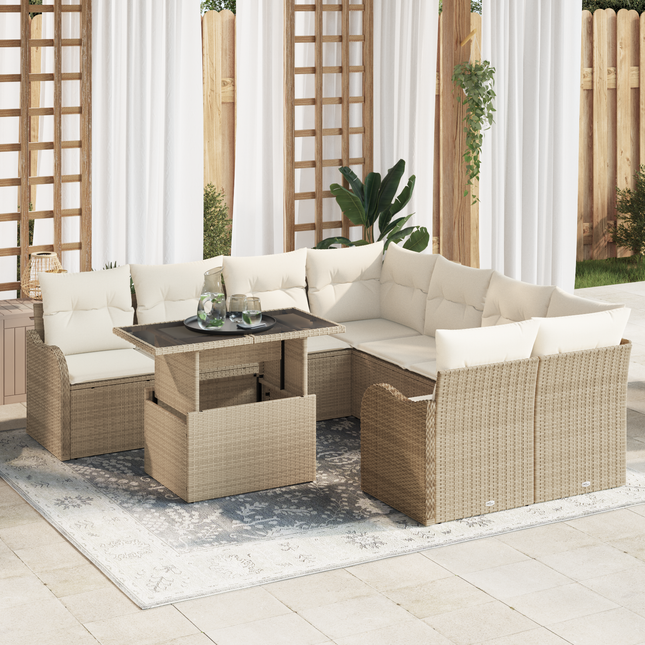 Havesofa Sæt med pude med pude 9 pcs Beige Polyrattan