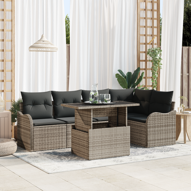 Havesofa Sæt med pude med pude 6 pcs Grå Poly Rattan