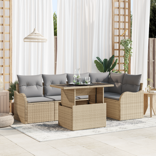 Havesofa Sæt med pude med pude 6 pcs Beige Poly Rattan
