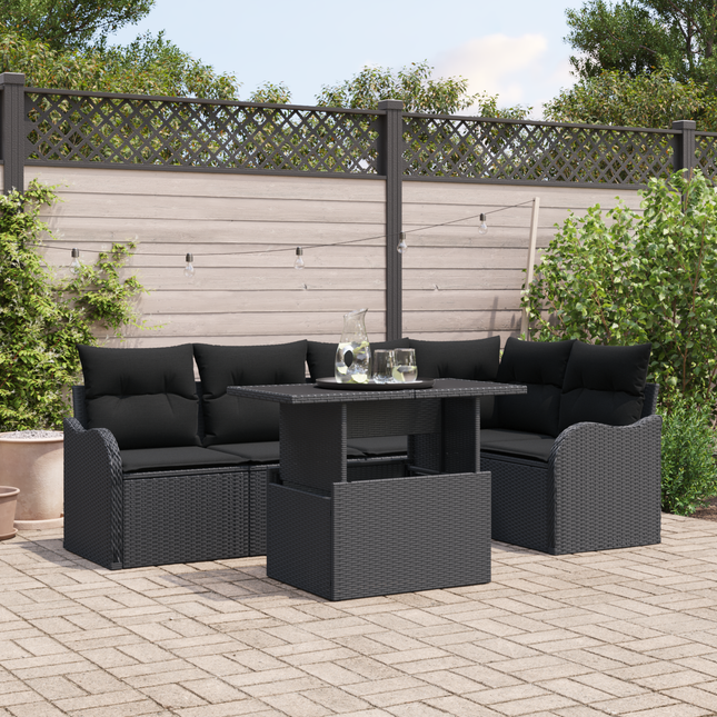 Havesofa Sæt med pude med pude 6 pcs Sort Poly Rattan