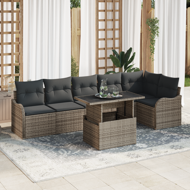 Havesofa Sæt med pude med pude 7 pcs Grå Poly Rattan