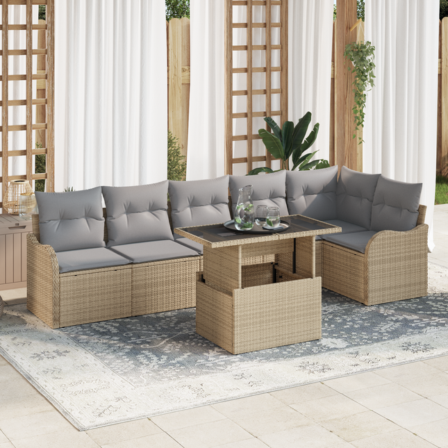 Havesofa Sæt med pude med pude 7 pcs Beige Poly Rattan