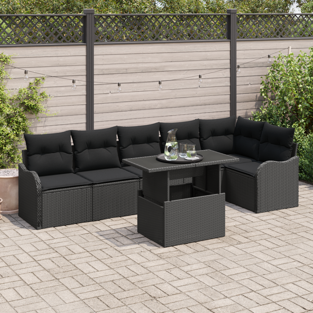Havesofa Sæt med pude med pude 7 pcs Sort Poly Rattan