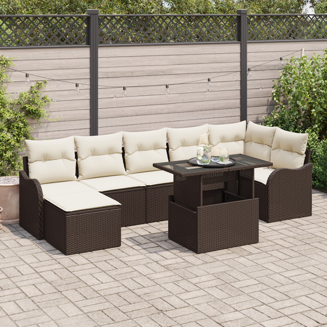 Havesofa Sæt med pude med opbevaring 8 pcs Brun Poly rattan