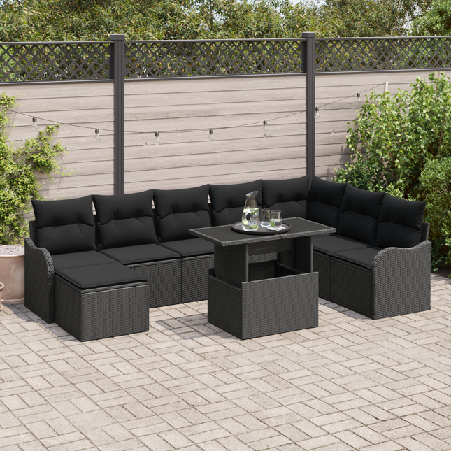 Havesofa Sæt med pude med opbevaring 9 pcs Sort Poly rattan