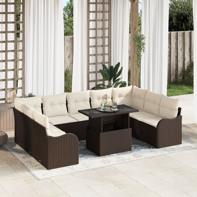 Havesofa Sæt med pude med pude 10 pcs Brun Poly Rattan