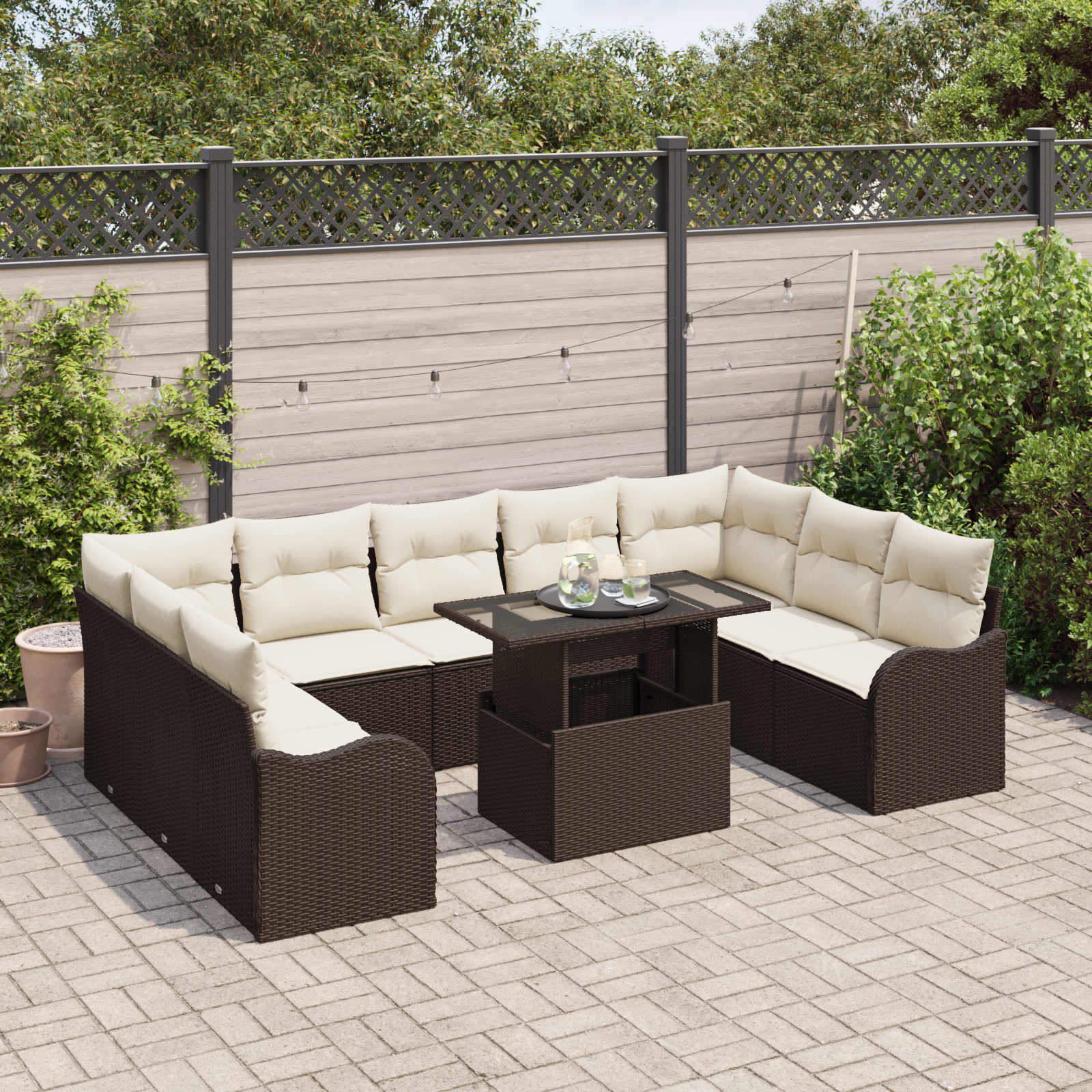 Havesofa Sæt med pude med pude 10 pcs Brun Poly Rattan