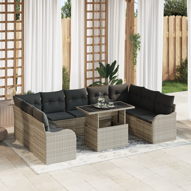 Havesofa Sæt med pude med pude 10 pcs Lysegrå Poly Rattan