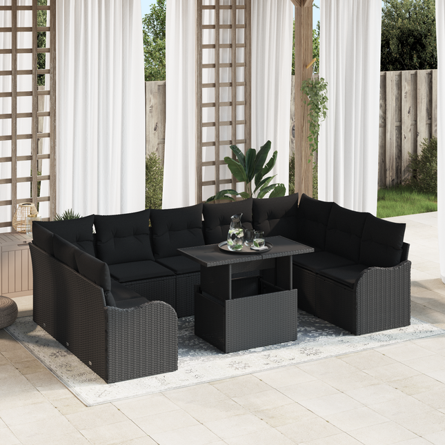 Havesofa Sæt med pude med pude 10 pcs Sort Poly Rattan