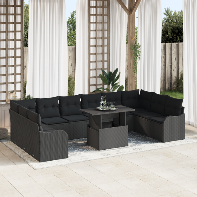 Havesofa Sæt med pude med pude 11 pcs Sort Poly Rattan