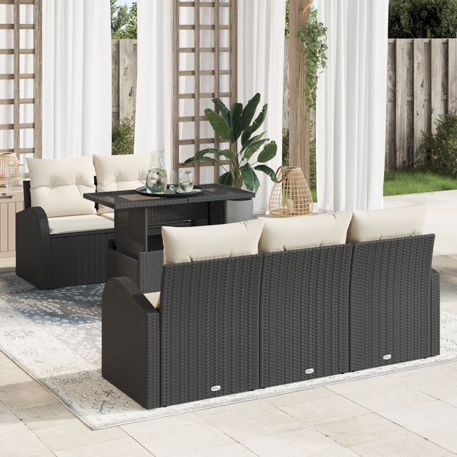 Havesofa Sæt med pude med pude 6 pcs Sort Poly Rattan