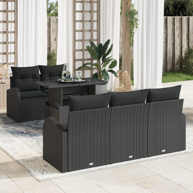Havesofa Sæt med pude med pude 6 pcs Sort Poly Rattan