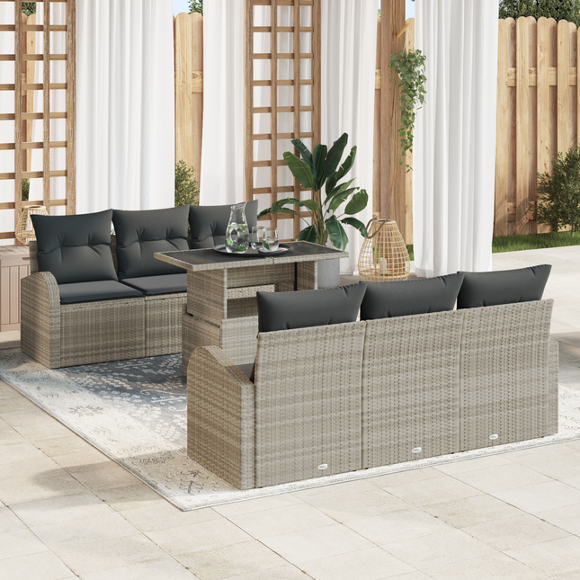 Havesofa Sæt med pude med opbevaring 7 pcs Lysegrå Poly Rattan