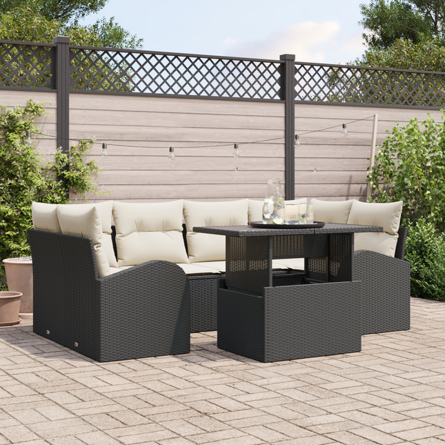 Havesofa Sæt med pude med opbevaring 7 pcs Sort Poly Rattan