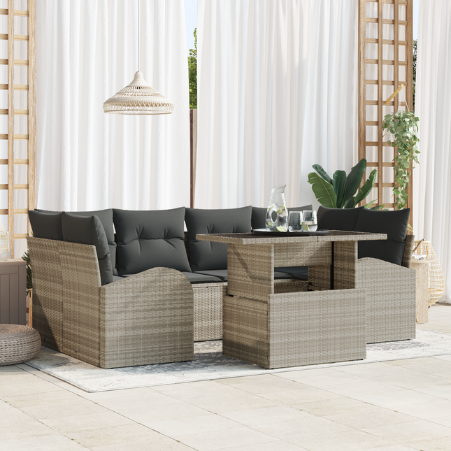 Havesofa Sæt med pude med opbevaring 7 pcs Lysegrå Poly Rattan