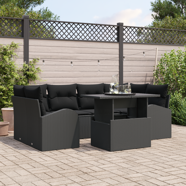 Havesofa Sæt med pude med opbevaring 7 pcs Sort Poly Rattan