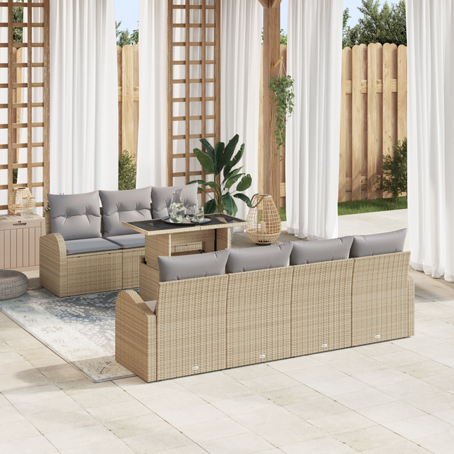 Havesofa Sæt med pude med opbevaring 8 pcs Beige Poly Rattan