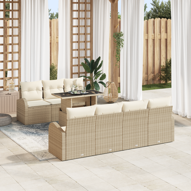 Havesofa Sæt med pude med opbevaring 8 pcs Beige Poly Rattan