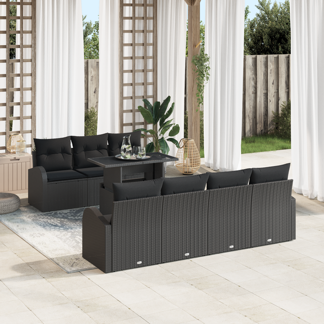 Havesofa Sæt med pude med opbevaring 8 pcs Sort Poly Rattan