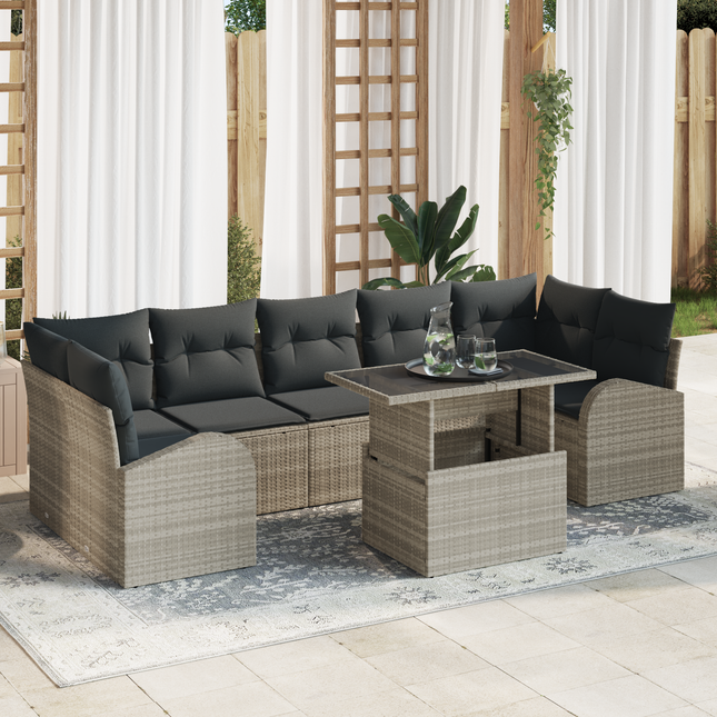 Havesofa Sæt med pude med opbevaring 8 pcs Lysegrå Poly Rattan