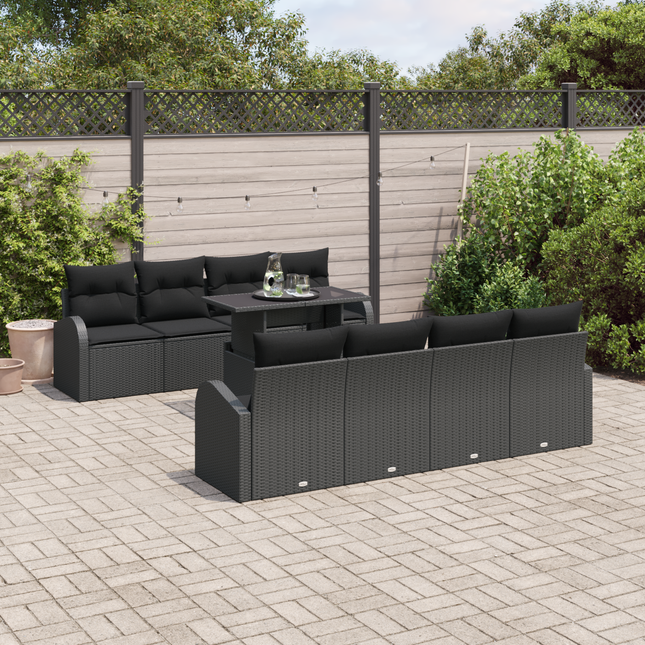 Havesofa Sæt med pude med opbevaring 9 pcs Sort Poly Rattan