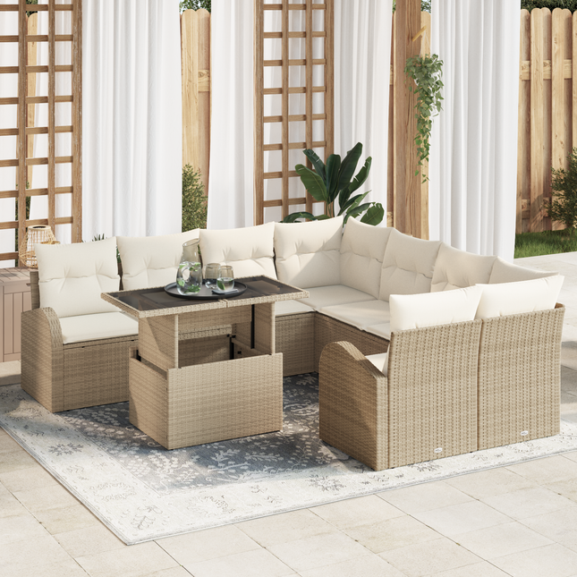 Havesofa Sæt med pude med opbevaring 9 pcs Beige Poly Rattan