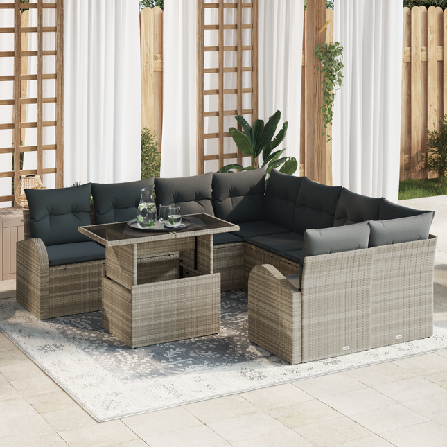 Havesofa Sæt med pude med opbevaring 9 pcs Lysegrå Poly Rattan