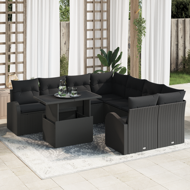 Havesofa Sæt med pude med opbevaring 9 pcs Sort Poly Rattan