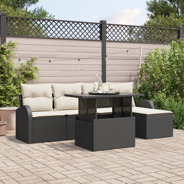 Havesofa Sæt med pude med opbevaring 6 pcs Sort Poly rattan