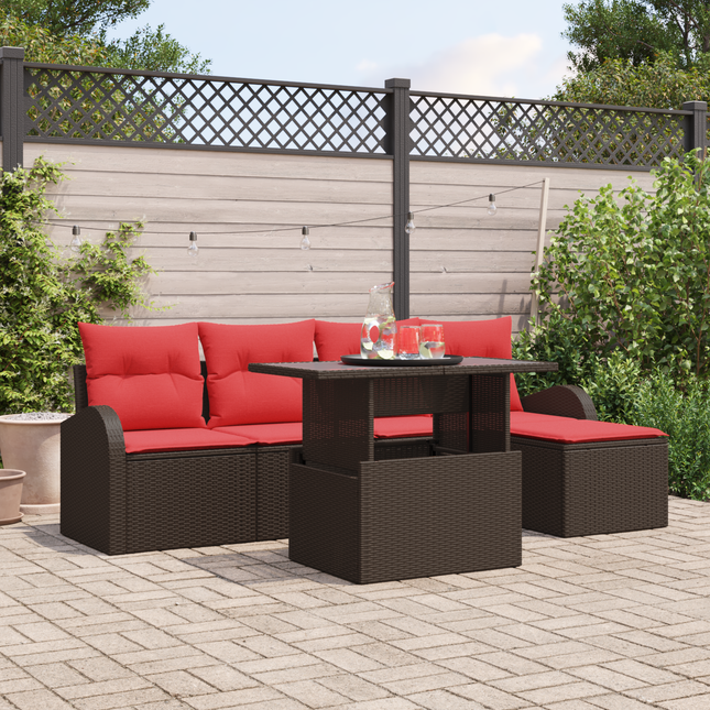Havesofa Sæt med pude med opbevaring 6 pcs Brun Poly rattan