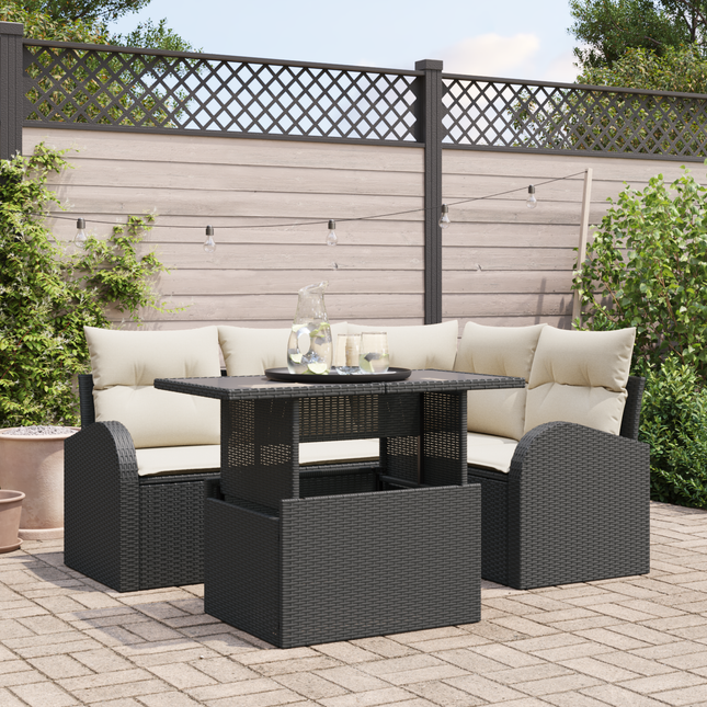 Havesofa Sæt med pude med opbevaring 5 pcs Sort Poly rattan