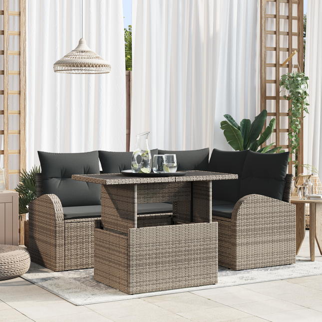 Havesofa Sæt med pude med opbevaring 5 pcs Grå Poly rattan