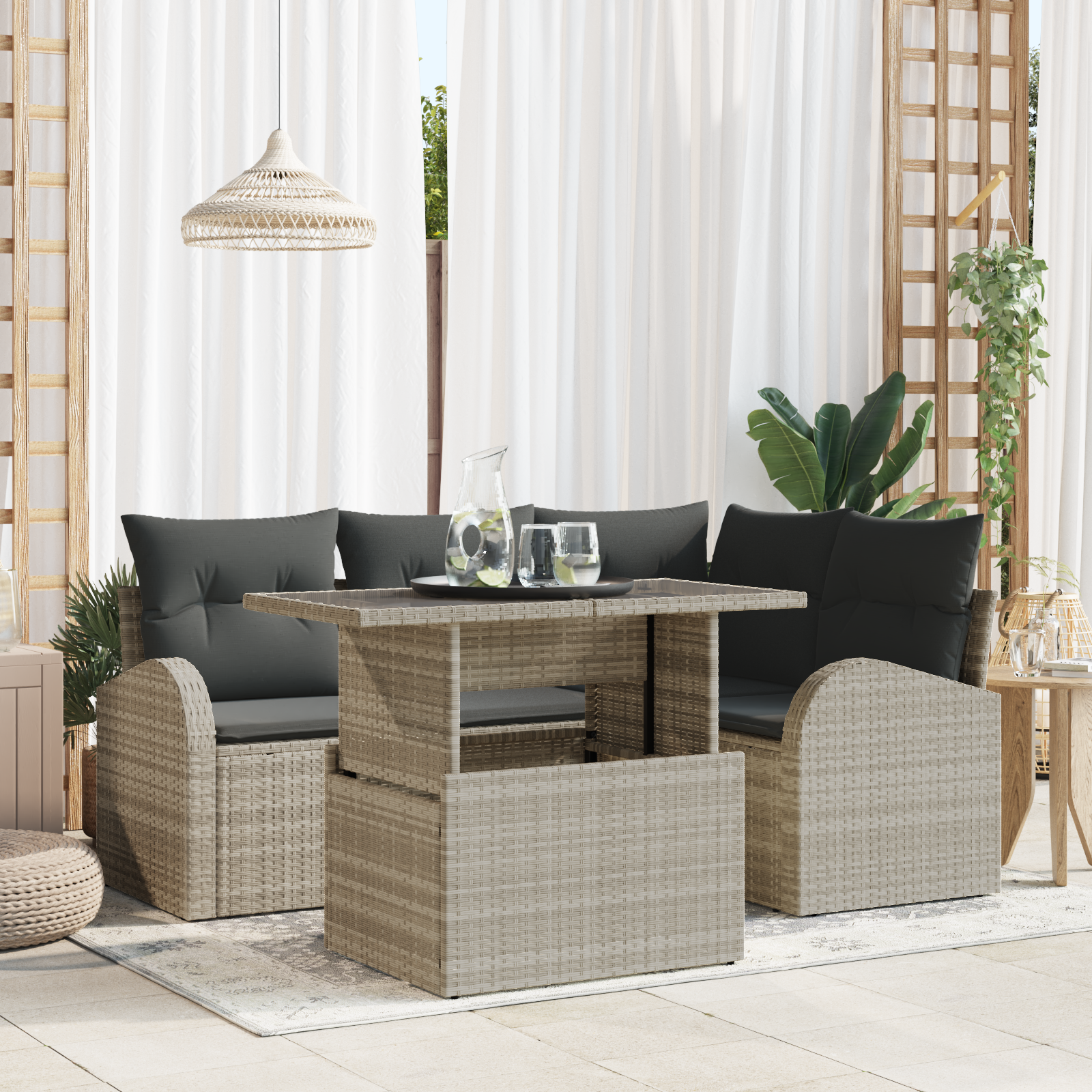 Havesofa Sæt med pude med opbevaring 5 pcs Lysegrå Poly rattan