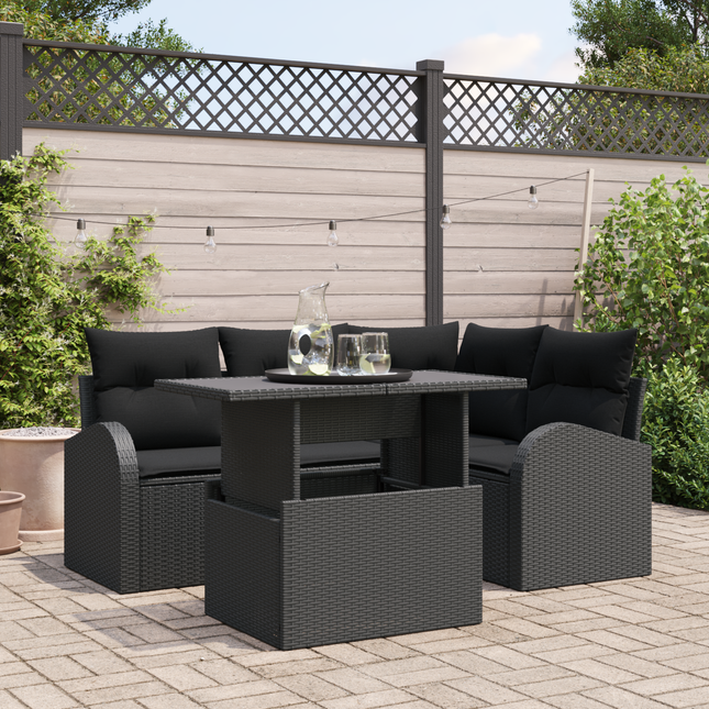 Havesofa Sæt med pude med opbevaring 5 pcs Sort Poly rattan