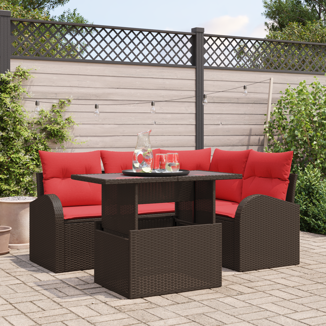 Havesofa Sæt med pude med opbevaring 5 pcs Brun Poly rattan