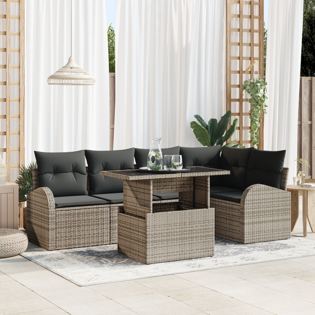 Havesofa Sæt med pude med opbevaring 6 pcs Grå Poly rattan