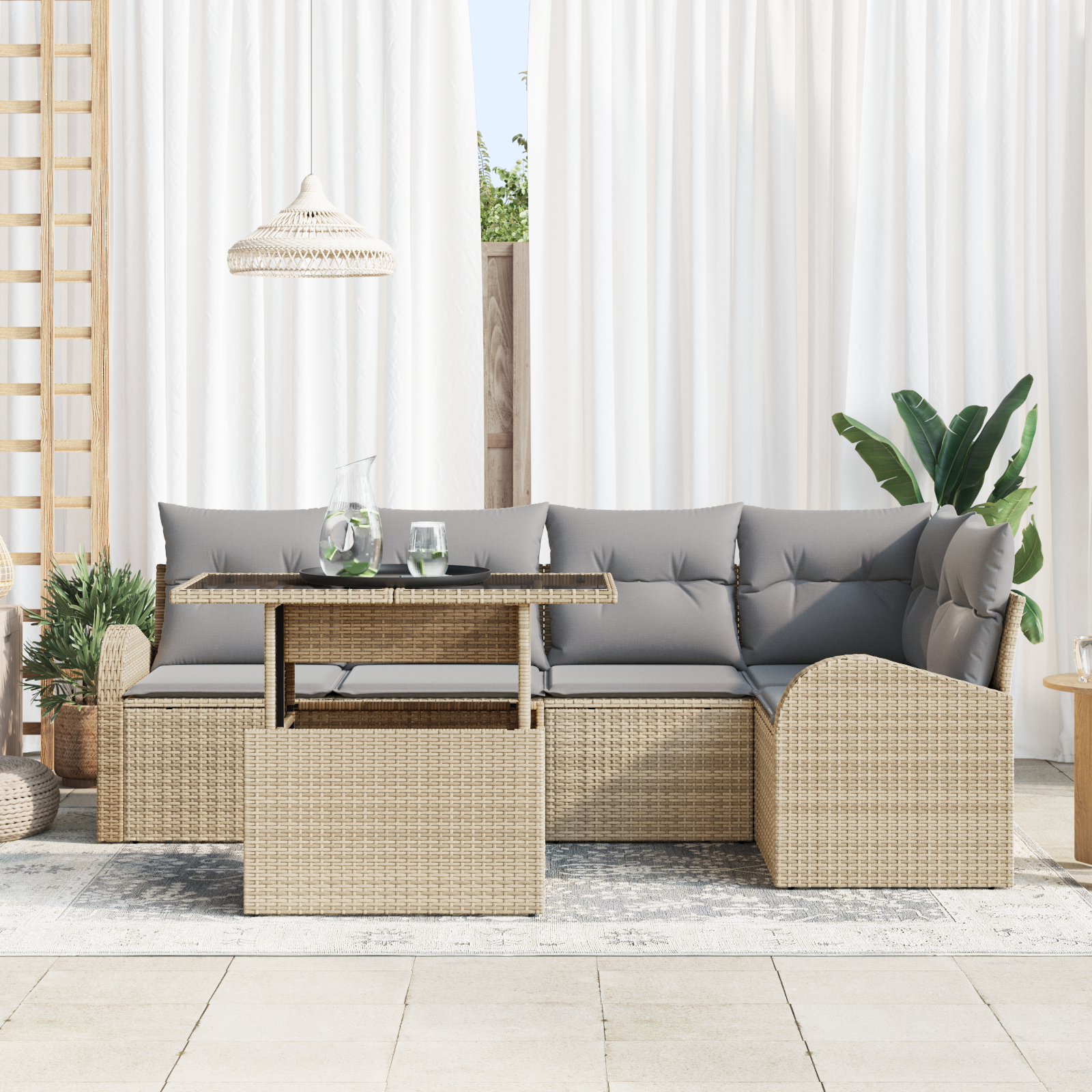 Havesofa Sæt med pude med opbevaring 6 pcs Beige Poly rattan