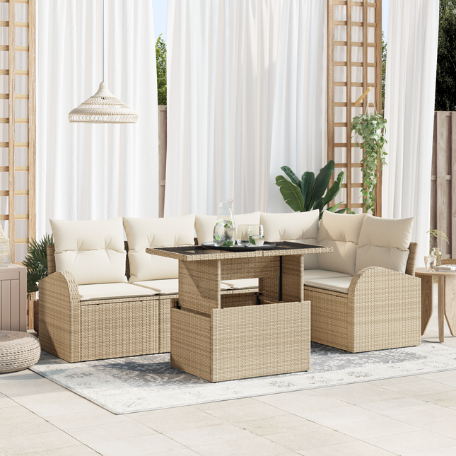 Havesofa Sæt med pude med opbevaring 6 pcs Beige Poly rattan