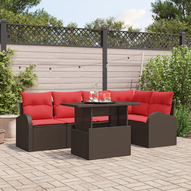 Havesofa Sæt med pude med opbevaring 6 pcs Brun Poly rattan