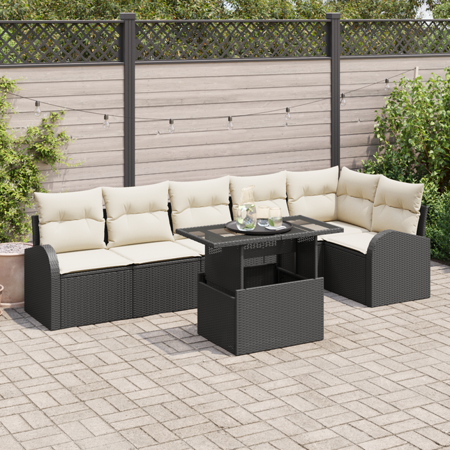 Havesofa Sæt med pude med opbevaring 7 pcs Sort Poly rattan