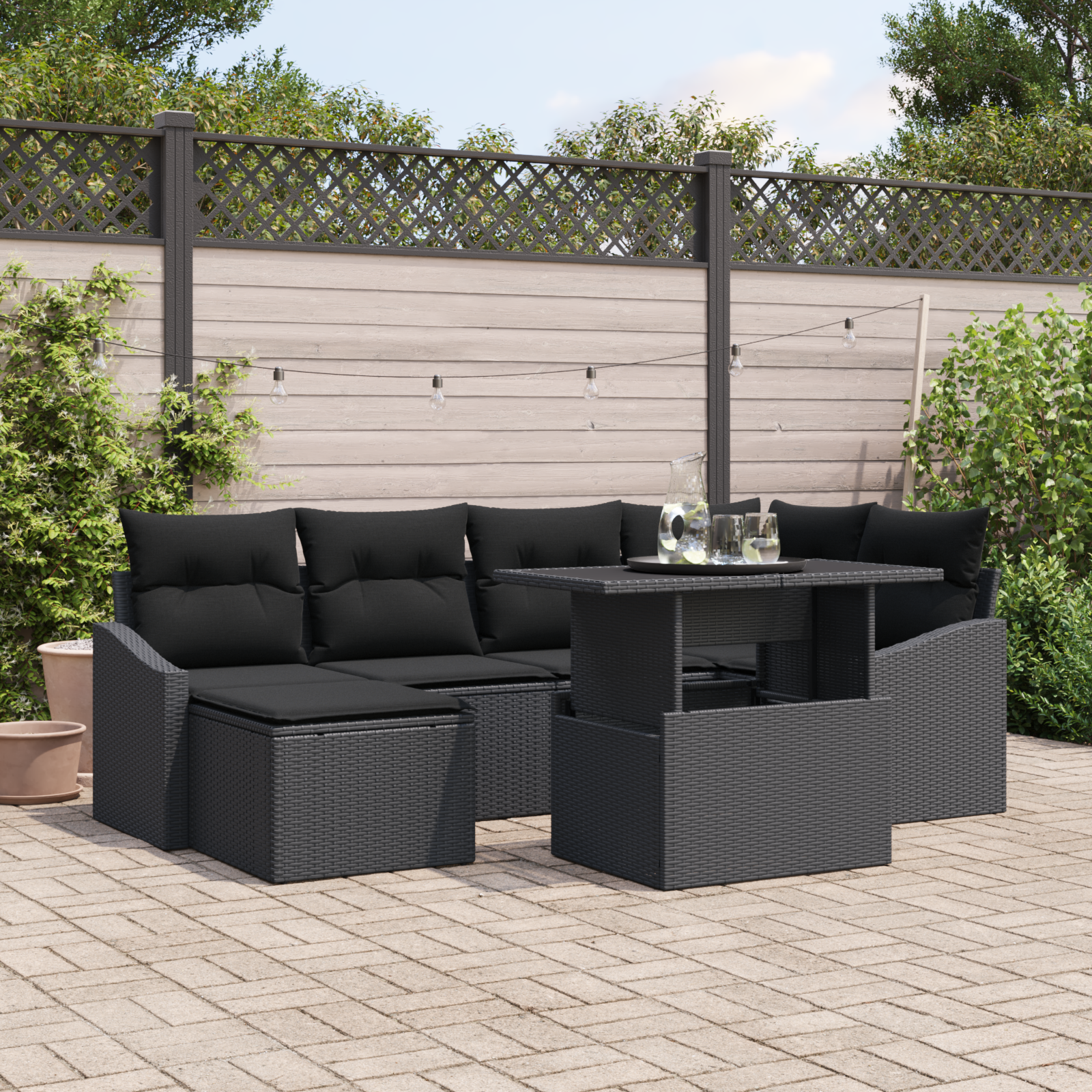 Havesofa Sæt 7 pcs Sort Poly Rattan og pulverlakeret stål
