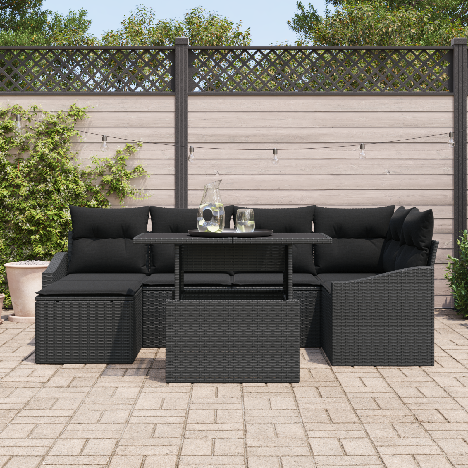 Havesofa Sæt 7 pcs Sort Poly Rattan og pulverlakeret stål
