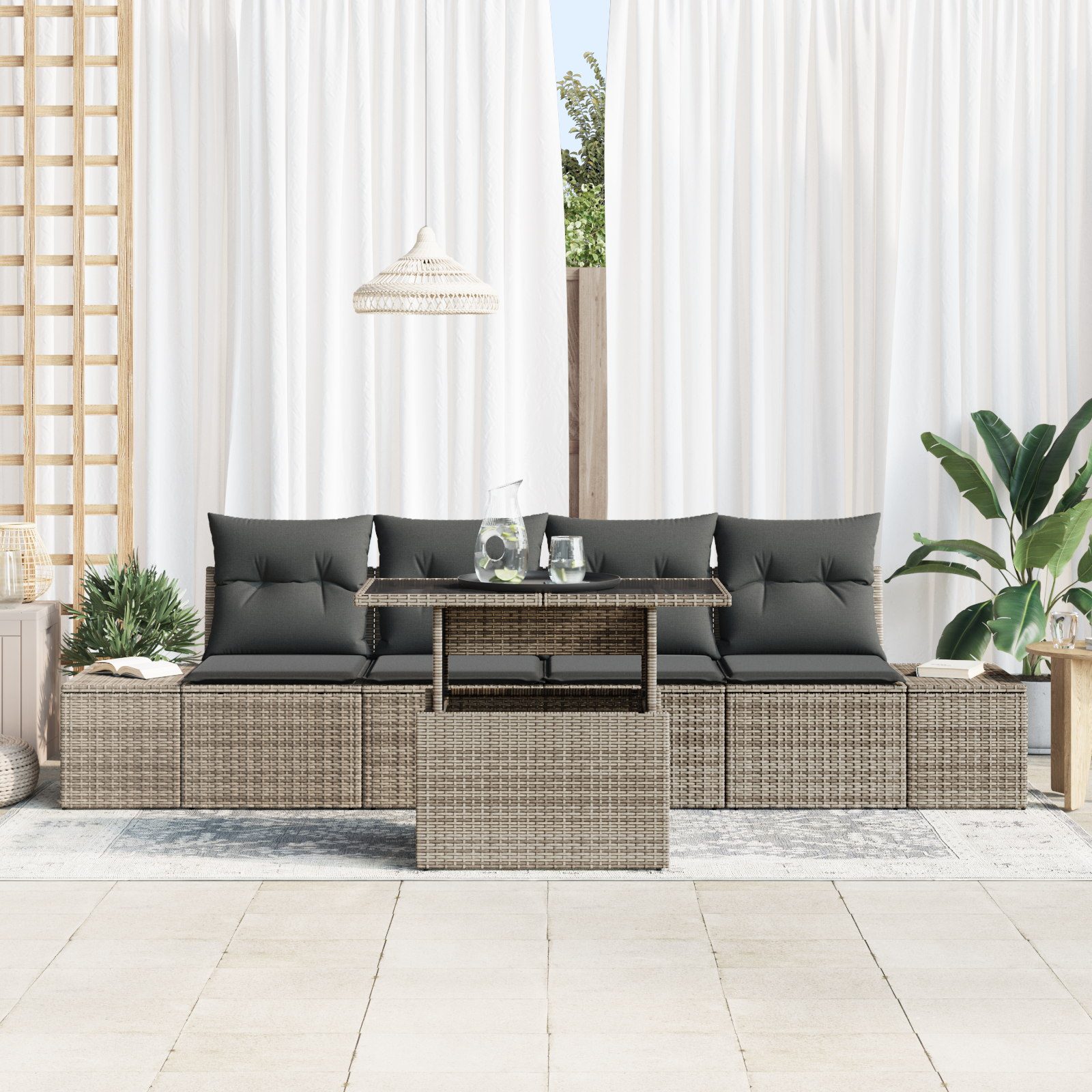 Havesofa Sæt med pude 5 pcs Grå polyrattan & Pulverlakeret stål