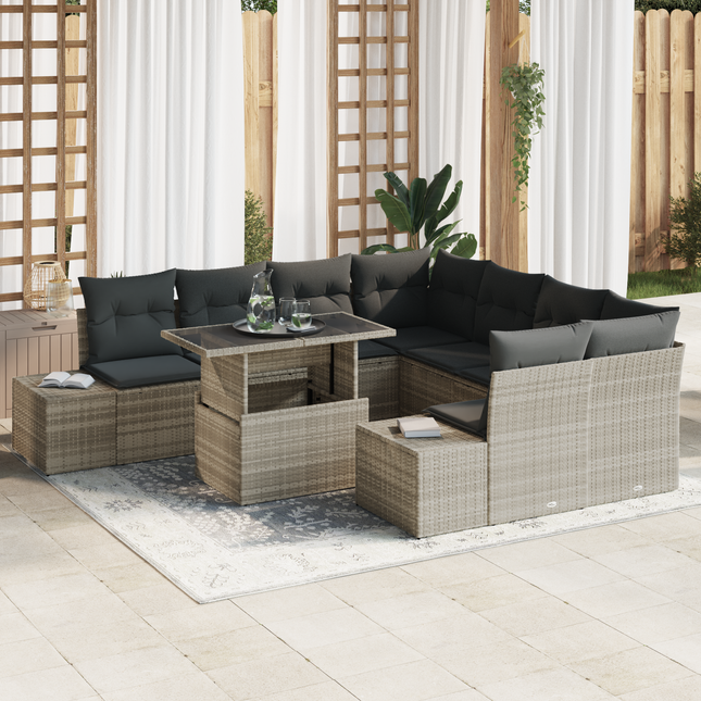 Havesofa Sæt med pude 9 pcs Lysegrå og mørkegrå polyrattan