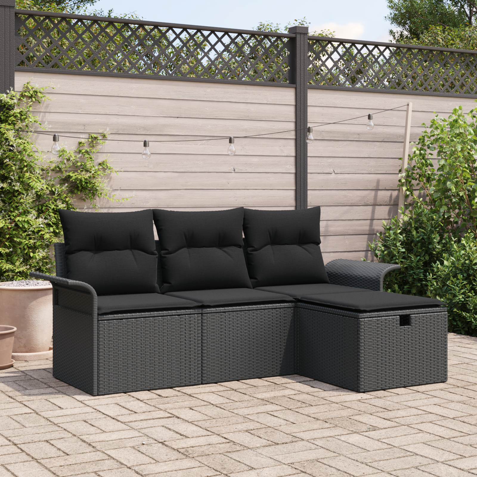 Havesofa Sæt med pude med opbevaring 4 pcs Sort polyrattan
