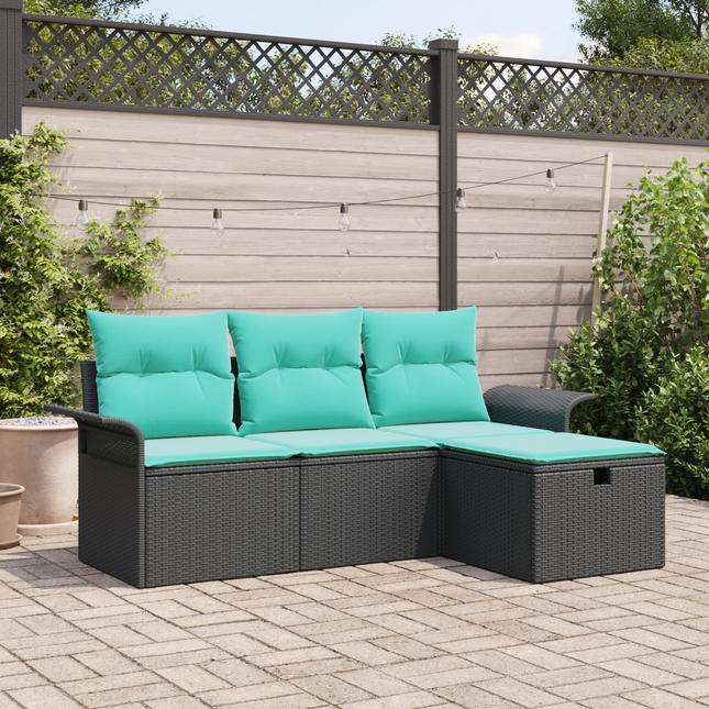 Havesofa Sæt med pude 4 pcs Sort og turkis polyrattan