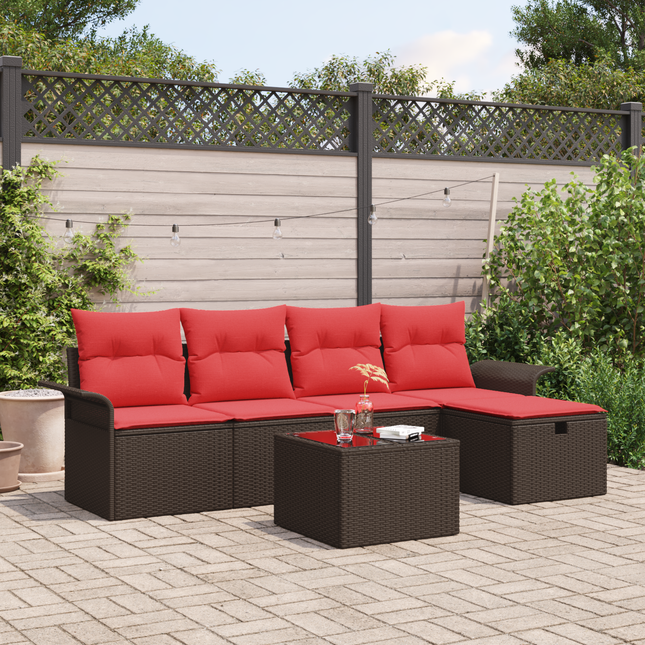 Havesofa Sæt med pude 6 pcs Brun og Rød polyrattan
