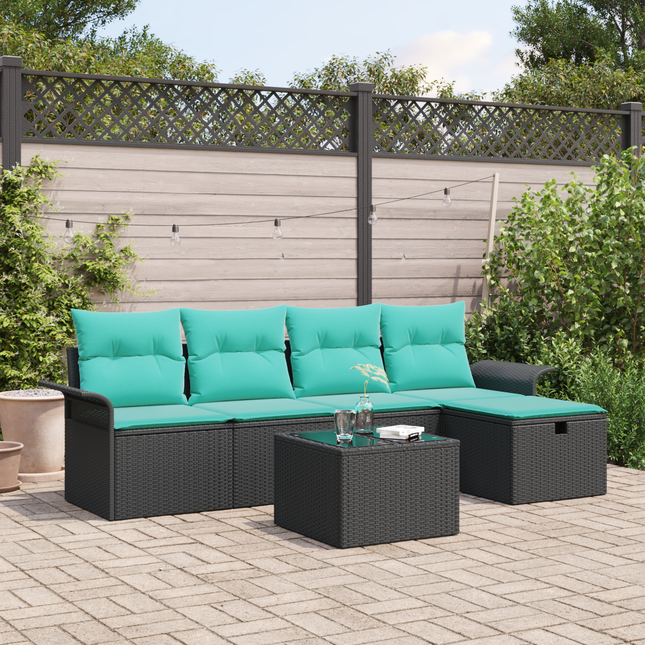 Havesofa Sæt med pude 6 pcs Sort og turkis polyrattan