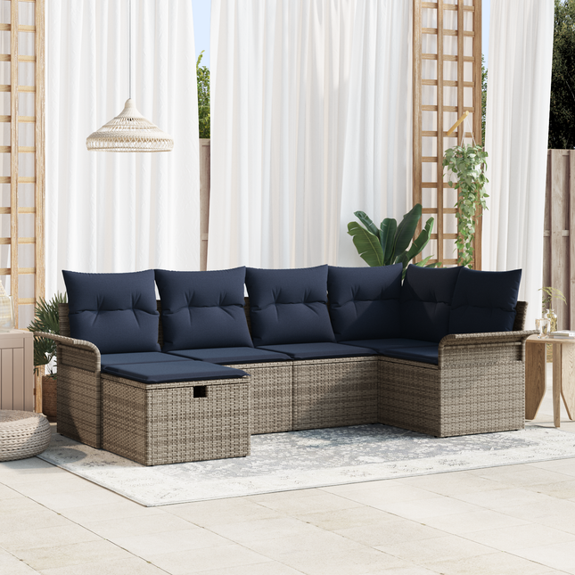Havesofa Sæt med pude 6 pcs Grå og Marineblå polyrattan