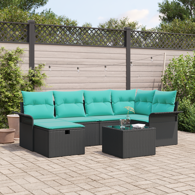 Havesofa Sæt med pude 7 pcs Sort og turkis polyrattan